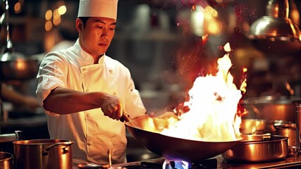 Professional chef cooking with fire in a wok in a restaurant kitchen - Powered by Adobe
