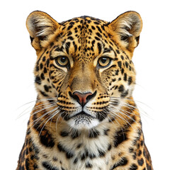 Close up portrait of a majestic leopard with striking eyes and distinctive rosettes isolated on transparent background