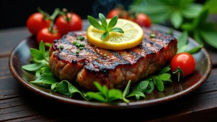 Juicy Grilled Steak Garnished with Lemon and Fresh Herbs on a Dark Plate