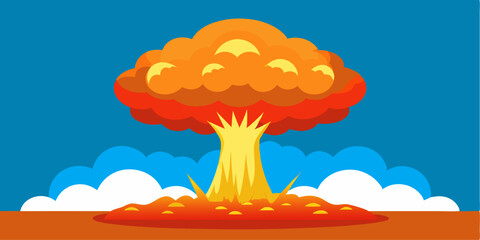 Cartoon illustration A huge explosion forms a giant mushroom cloud in the middle of a barren desert, as a form of design idea support effect
