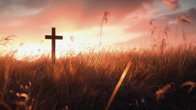 Lone cross standing in a field at sunset
