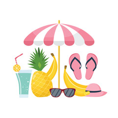 Summer vacation illustration featuring pineapple banana sunglasses flip flops cocktail sun hat and pink striped beach umbrella with a white background