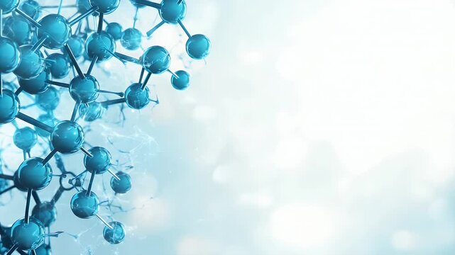 Abstract illustration of interconnected, glowing, teal-colored molecular structures on a light-blue background
