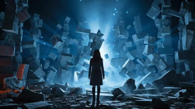 Epic mysterious cave scene with a lone figure staring into the unexplained phenomenon

