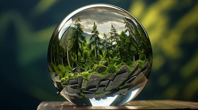 Beautiful glass orb containing a tiny magical world filled with lush green fauna

