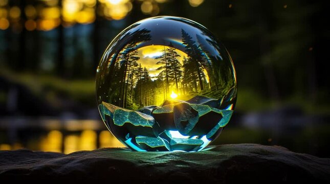 Beautiful glass orb containing a tiny magical world filled with lush green fauna

