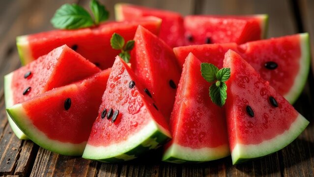 A refreshing summer treat juicy watermelon slices arranged artfully on a rustic wooden surface, adorned with vibrant green mint leaves