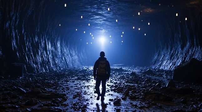 Epic mysterious cave scene with a lone figure staring into the unexplained phenomenon

