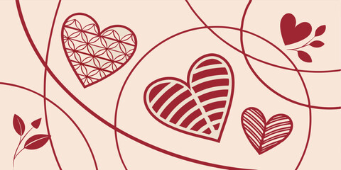 Elegant red heart background design featuring decorative patterns and leafy elements perfect for valentine's day love concepts and romantic greetings