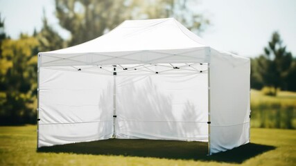 White Pop Up Tent on Green Grass Lawn Surrounded by Trees Offering Shade and Shelter for Outdoor Events in Sunlight