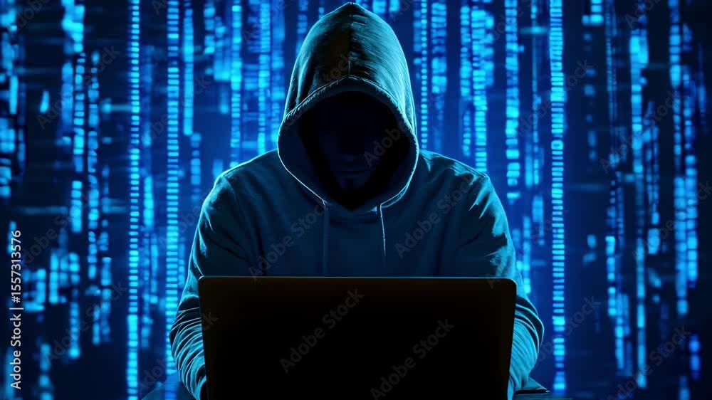 Poster hacker coding on laptop with blue digital binary code background