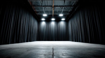Black box theater stage with minimal lighting and black curtain backdrop