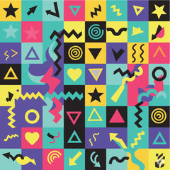 Modern basic shapes set star, arrow, triangle, circle, heart, zigzag, spiral, wavy lines. Trendy Memphis geometric pattern. Cool abstract background in retro 80s, 90s style. Cute kid doodle design