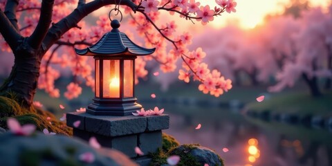 Serene illuminated lantern amidst blossoming branches and gentle falling petals at sunset