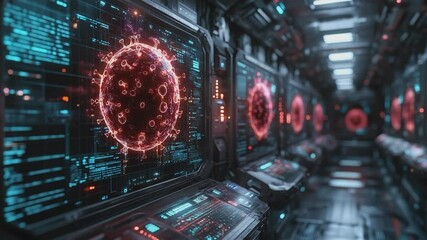 Pandemic Lab Analysis: A futuristic laboratory scene showcasing a detailed analysis of virus cells on multiple high-tech screens. - Powered by Adobe