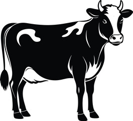 Cow silhouette, farm animal vector, black and white cattle icon, livestock illustration, simple shape design
