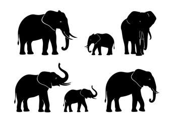 Black Silhouette Various Size Elephant Family Wildlife Animal Illustration