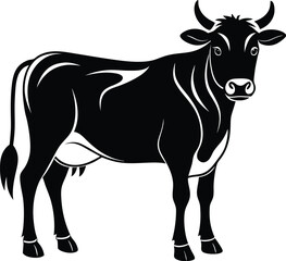 Cow silhouette, farm animal vector, black and white cattle icon, livestock illustration, simple shape design
