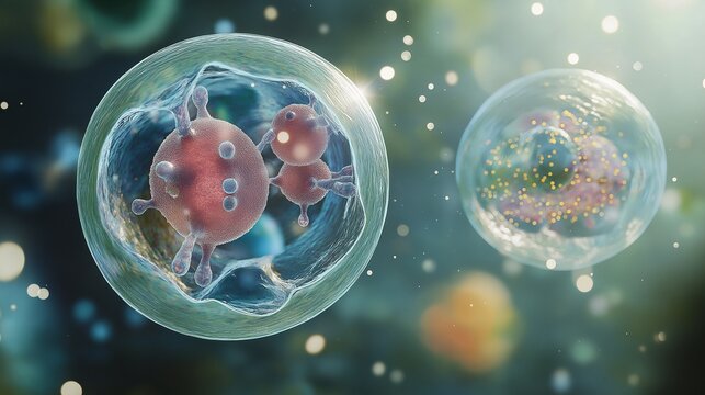 Hyper-realistic side-by-side comparison of a prokaryotic and a eukaryotic cell floating in translucent fluid, highlighting structural differences and internal organelles with soft glowing light