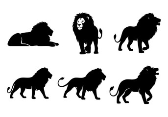 Black and White Silhouette Collection of Majestic Lion in Various Poses Animal