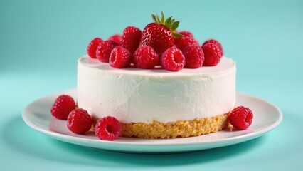 Creamy Delight A delectable mini cheesecake adorned with fresh raspberries and a single strawberry, artfully presented on a pristine white plate against a serene aqua backdrop.