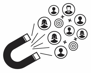 Attract customers illustration showing magnet pulling target audience icons on white