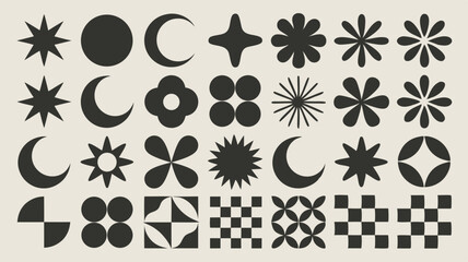 Fototapeta premium Assorted Black Geometric Shapes Pattern Stars, Moons, Flowers, Checkers on Beige Background