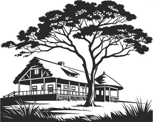 Black silhouette of a house and tree on a white background for design elements