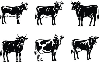 Fototapeta premium Cow silhouette set, farm animal vector, black and white cattle icon, livestock illustration, simple shape design 
