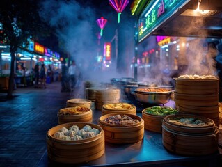 Vibrant night market with steaming dumplings and colorful lights.