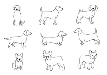 Simple Outline Line Art Different Dog Breed Animal Illustration