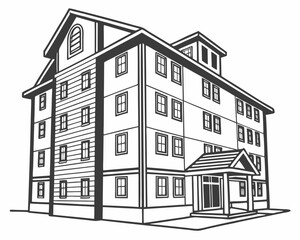 Detailed black and white illustration of a modern apartment building design