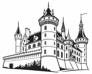 Fototapeta premium Detailed vector illustration of a majestic castle with towers and flags on white background