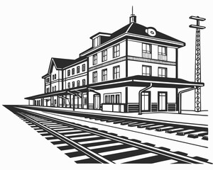 Elegant black and white illustration of a classic train station architecture