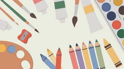 Flat Lay of Art Supplies Brushes, Paint Tubes, Palette, Watercolors, Colored Pencils, Sharpener