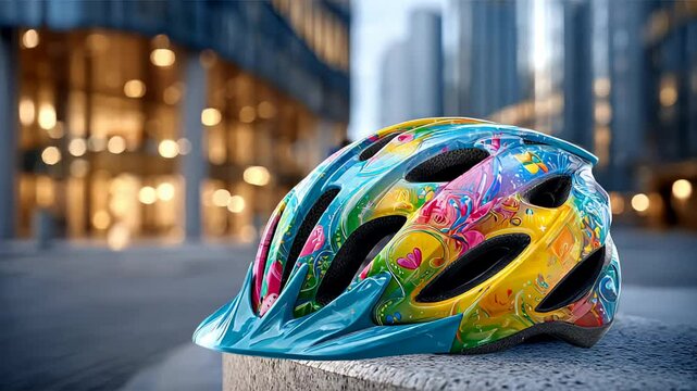 A colorful cycling helmet rests on an urban street, symbolizing adventure, safety, and urban exploration ideal for cycling enthusiasts and city wanderers