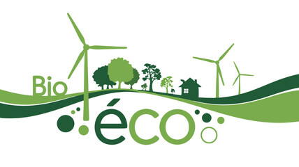 Green Bio and Éco Logo with Wind Turbines, Trees, and House Illustration