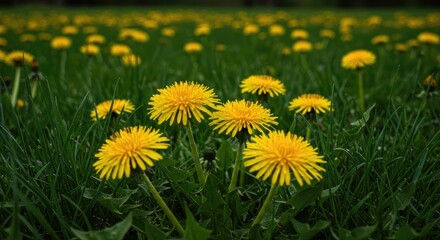Vibrant yellow dandelions pop against a backdrop of a grassy field