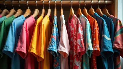 A vibrant collection of short-sleeved shirts hanging neatly on wooden hangers, showcasing a spectrum of solid colors and captivating printed designs.