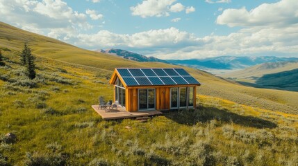 Sustainable cabin nestled in a grassy mountain valley, featuring solar panels on the roof.