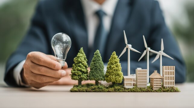 Sustainable Development Concept with Light Bulb, Trees, Wind Turbines and Buildings