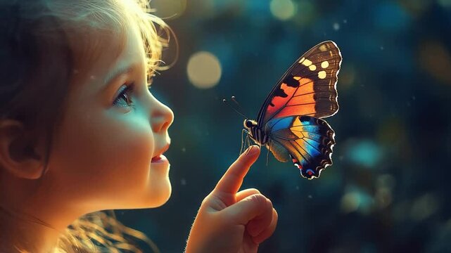 A young Caucasian girl joyfully observes a vibrant butterfly perched on her finger, capturing a moment of wonder and innocence amidst a serene natural backdrop Macro bokeh effect