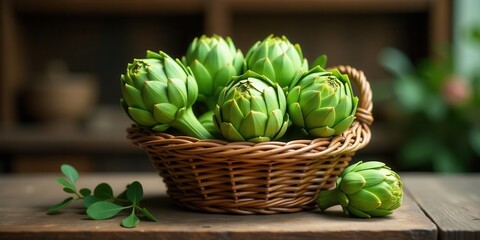 A wicker basket overflowing with vibrant green artichokes, sitting on a rustic wooden surface, next to a sprig of fresh green leaves.
