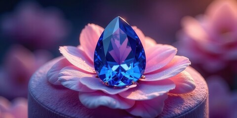 A radiant blue gemstone, pear-shaped and meticulously cut, rests delicately upon a soft pink floral display, nestled within a plush purple velvet case.