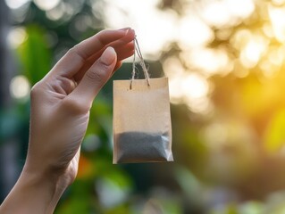 Delicate tea bag held with soft sunlight and green backdrop.