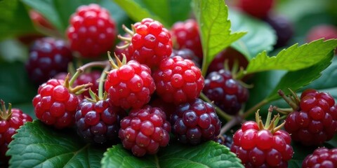 A Bountiful Harvest of Luscious Ripe Raspberries Growing Abundantly on Their Bush