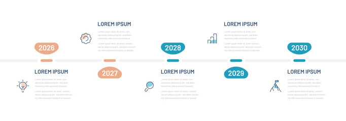 A timeline with dates. Infographics for a presentation or website. The company's development path, achieving goals over time. Five-step scale