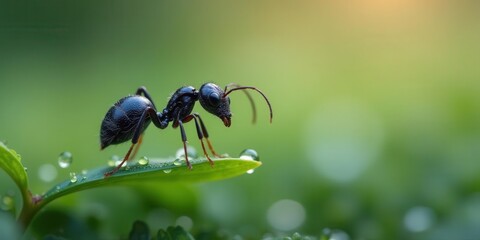 A Close-Up View of a Black Ant on a Dew-Covered Leaf in a Lush Green Environment