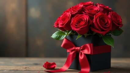 A stunning bouquet of deep red roses arranged in an elegant black gift box, adorned with a luxurious satin ribbon; a symbol of love and affection.