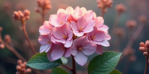 Soft Pink Blooms in Gentle Sunlight A Close-Up of Delicate Petals and Lush Green Foliage